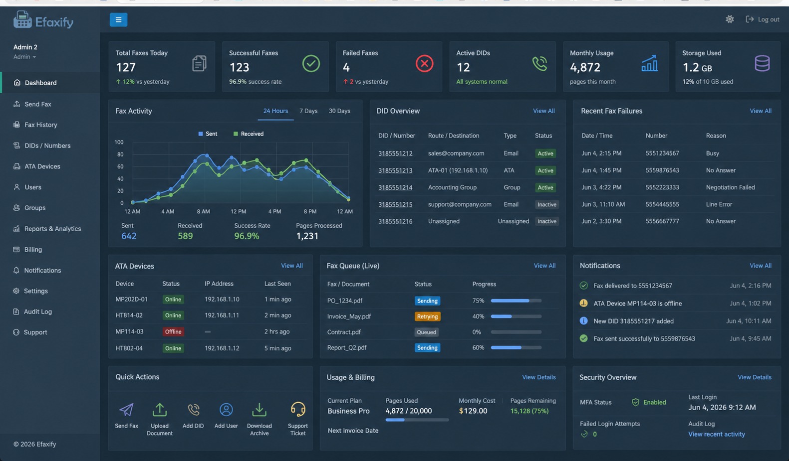 eFaxify customer portal dashboard