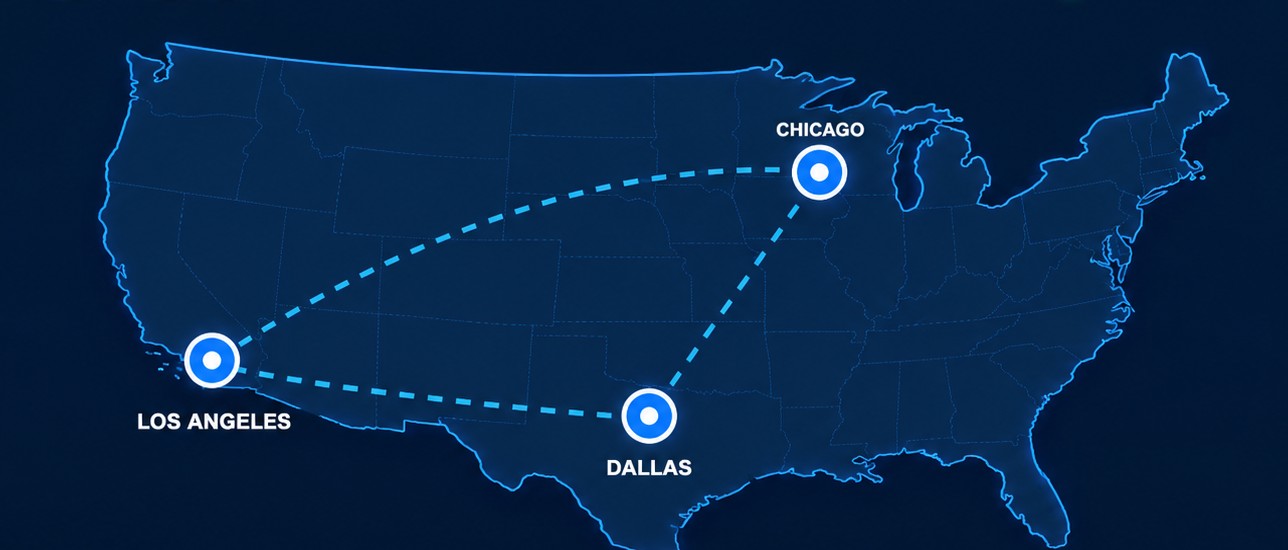 Map of the continental United States showing Triton switching regions in Los Angeles, Dallas and Chicago with redundant routing paths